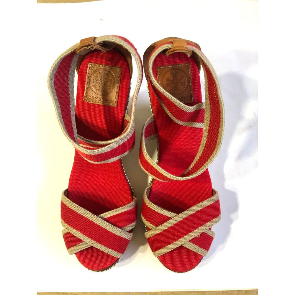 Tory Burch Adonis Red Striped Canvas Espadrille Wedge Sandal Spain Preppy Sz 10B